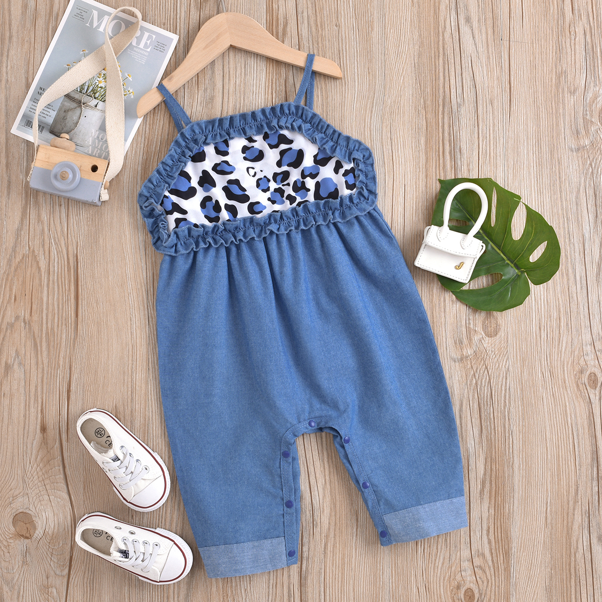 

Denim Leopard Print Sleeveless Baby Jumpsuit
