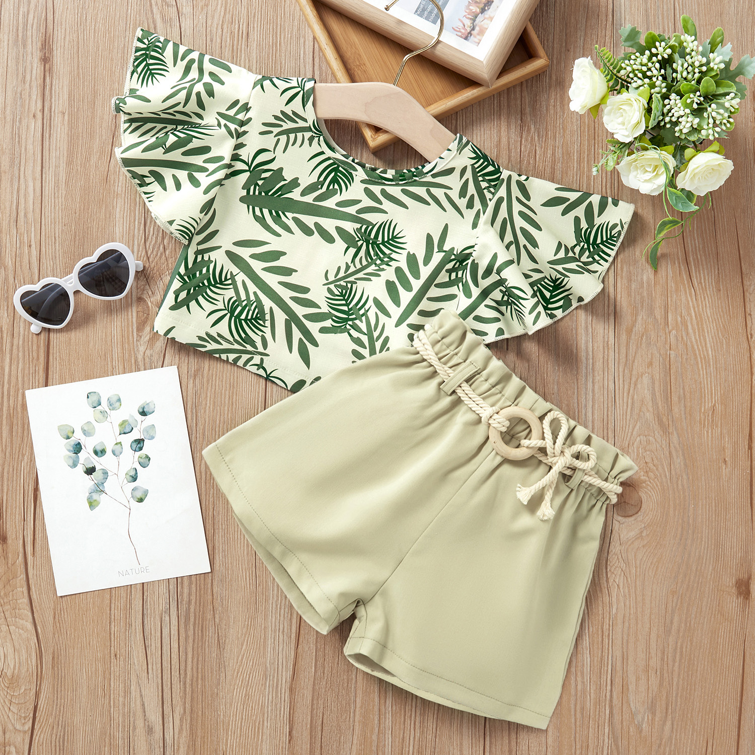

2-piece Baby / Toddler Girl Print Plant Top and Shorts Set