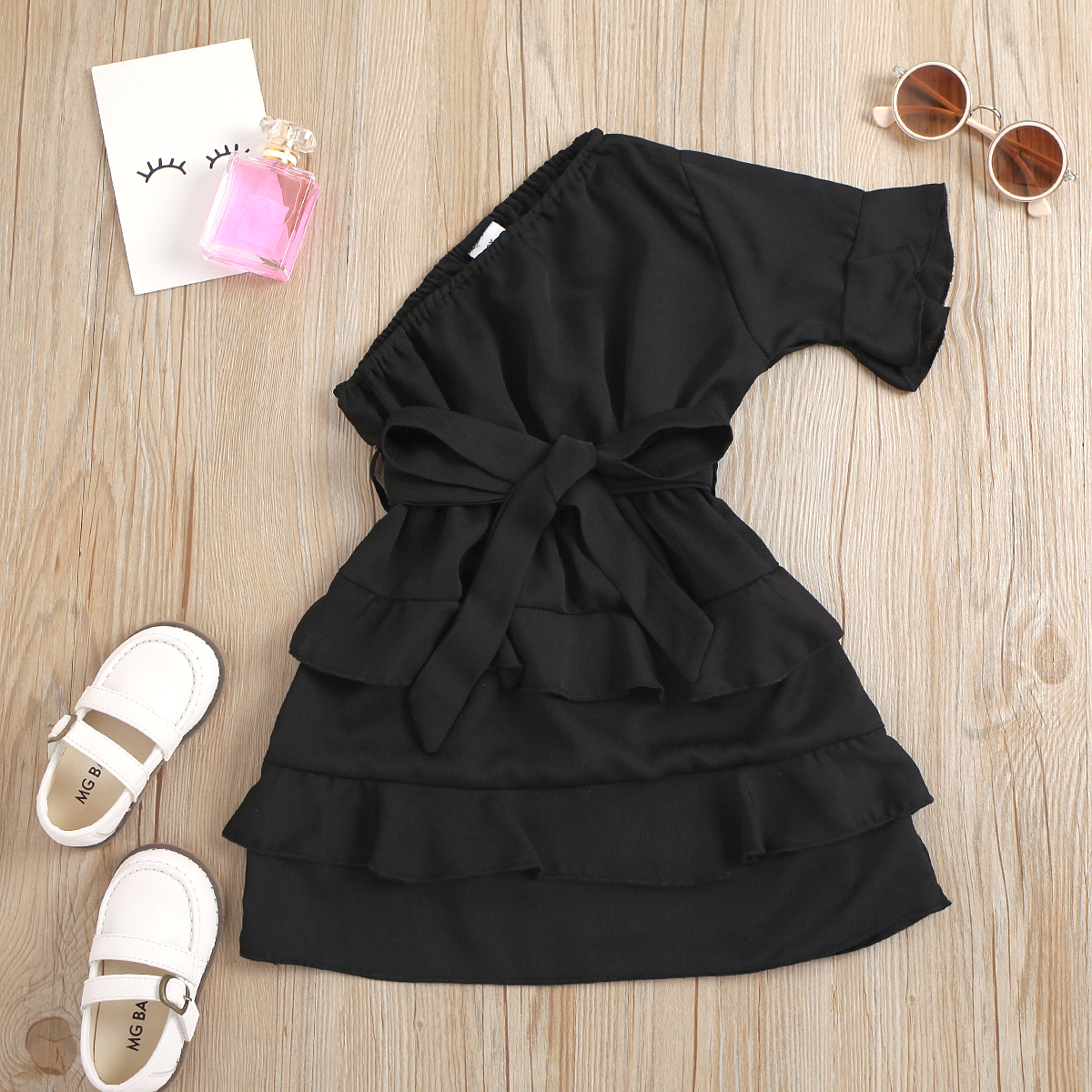 

Toddler Girl Black Ruffle One Shoulder Dress