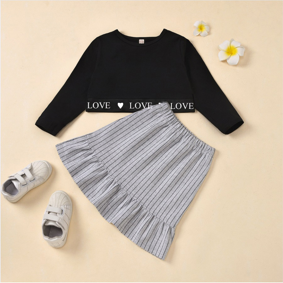 

2-piece Toddler Girl Letter Print Long-sleeve Top and Striped Mermaid Ruffled Skirt Set