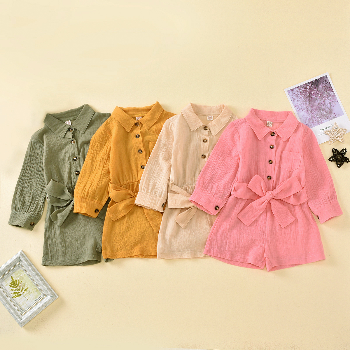 

Toddler Girl Button Design Lace Collar Long-sleeve Solid Jumpsuit with Belt