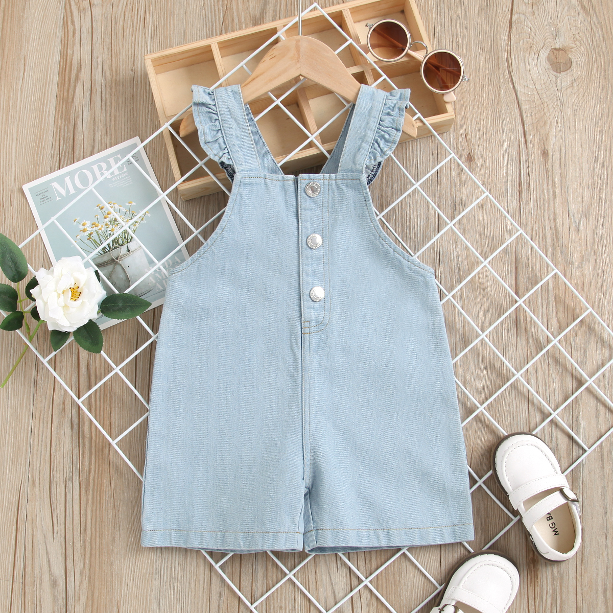 

Denim Solid Ruffle Decor Blue Baby Overalls