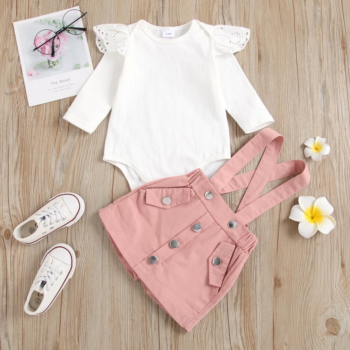 

100% Cotton 2pcs Baby Girl Ruffle Long-sleeve Romper and Pink Suspender Skirt Set