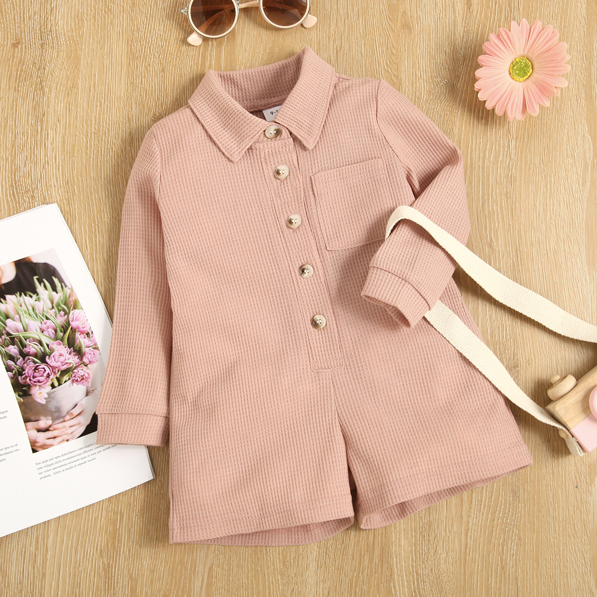 

Baby Pink Lapel Long-sleeve Button Down Waffle Romper Shorts