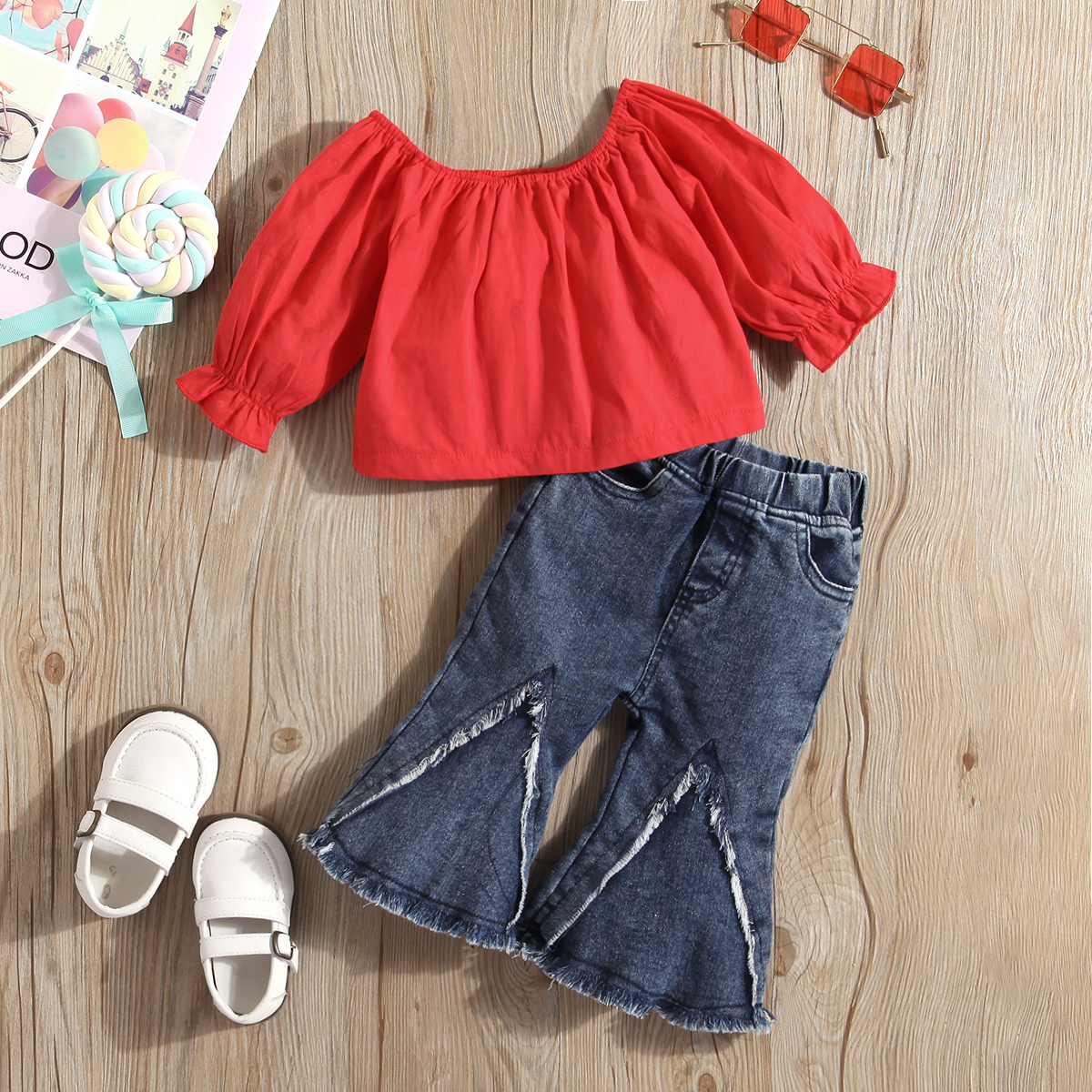 

2pcs Baby Girl 100% Cotton Long-sleeve Top and Bell Bottom Jeans Set