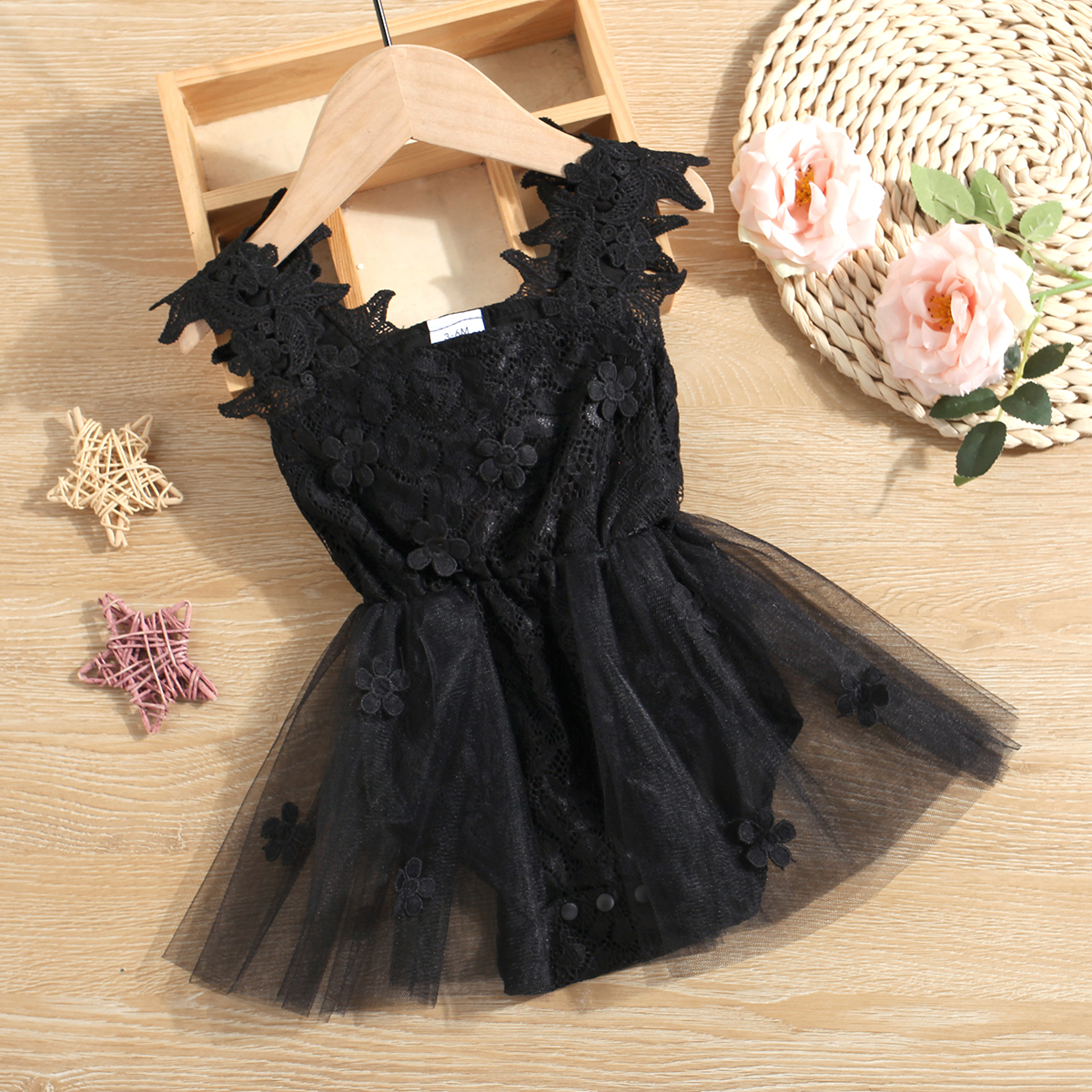 

Baby Girl Black Floral Lace Sleeveless Mesh Romper Party Dress