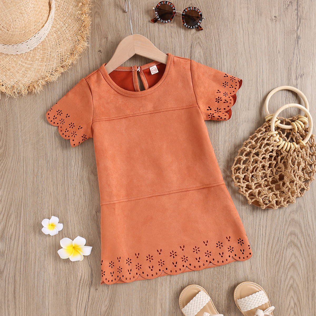 

Toddler Girl Hollow out Short-sleeve Orange Suede Dress