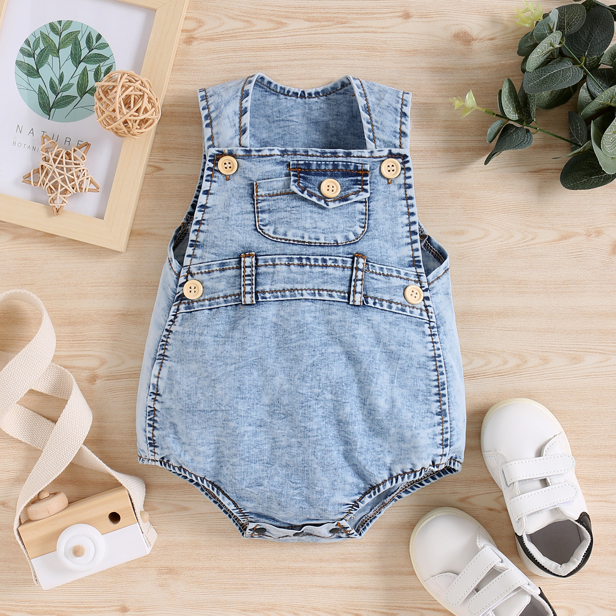 

100% Cotton Baby Boy/Girl Button Design Solid Denim Sleeveless Romper