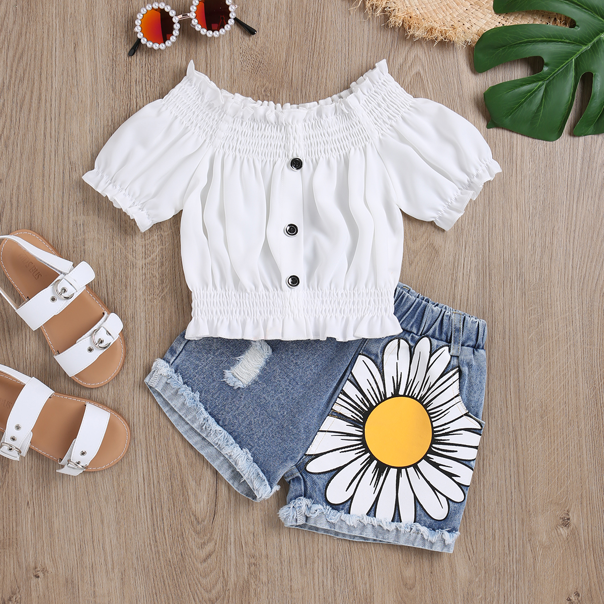

2pcs Toddler Girl Smocked Off Shoulder Black Chiffon Tee and Floral Print Denim Jeans Shorts Set