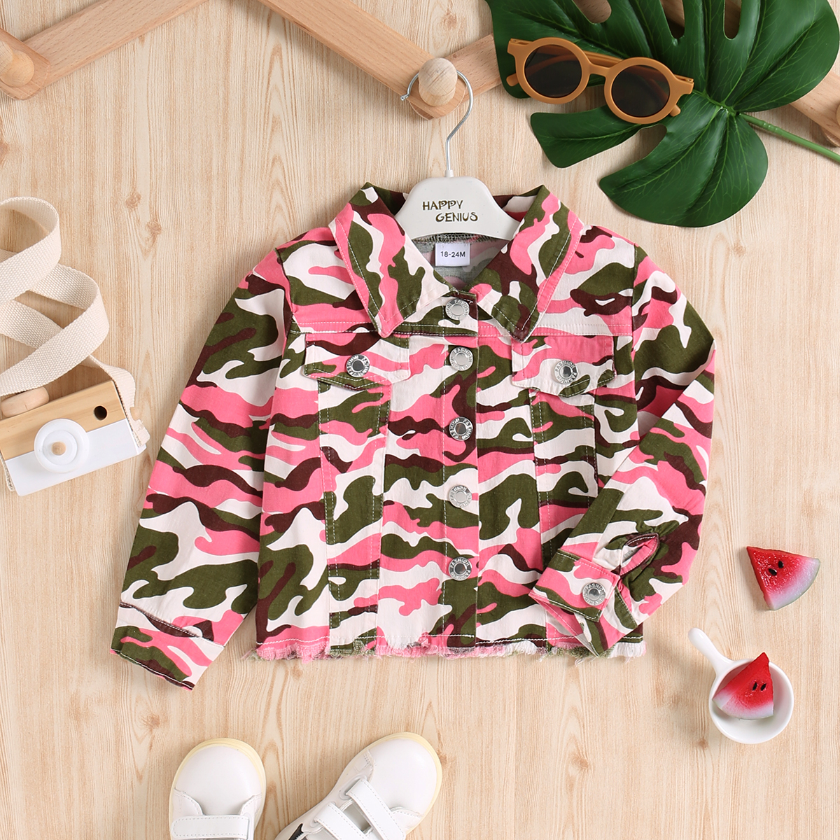 

Toddler Girl Camouflage Print Lapel Collar Button Design Jacket