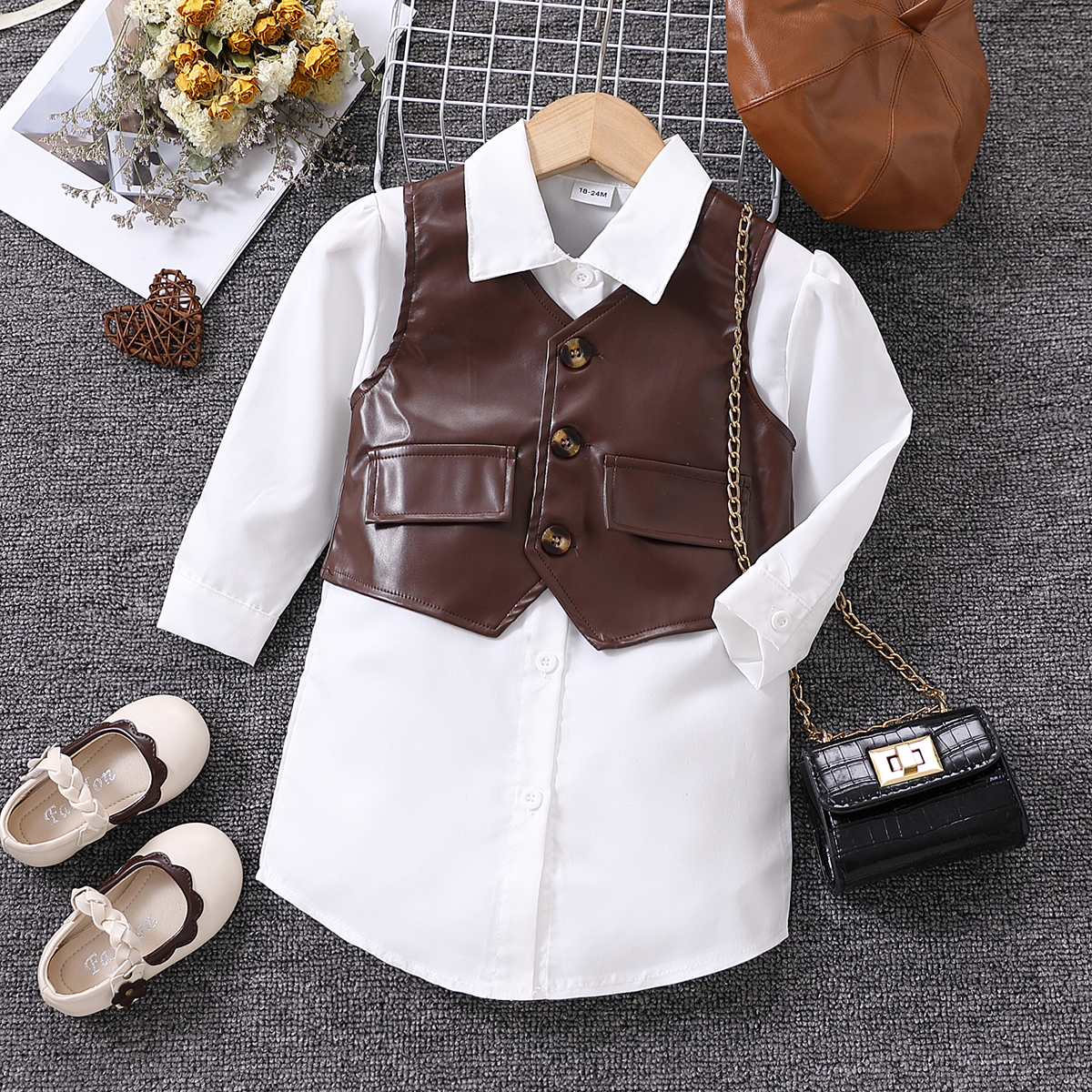 

2pcs Toddler Girl Trendy Lapel Collar White Shirt Dress and PU Vest Set