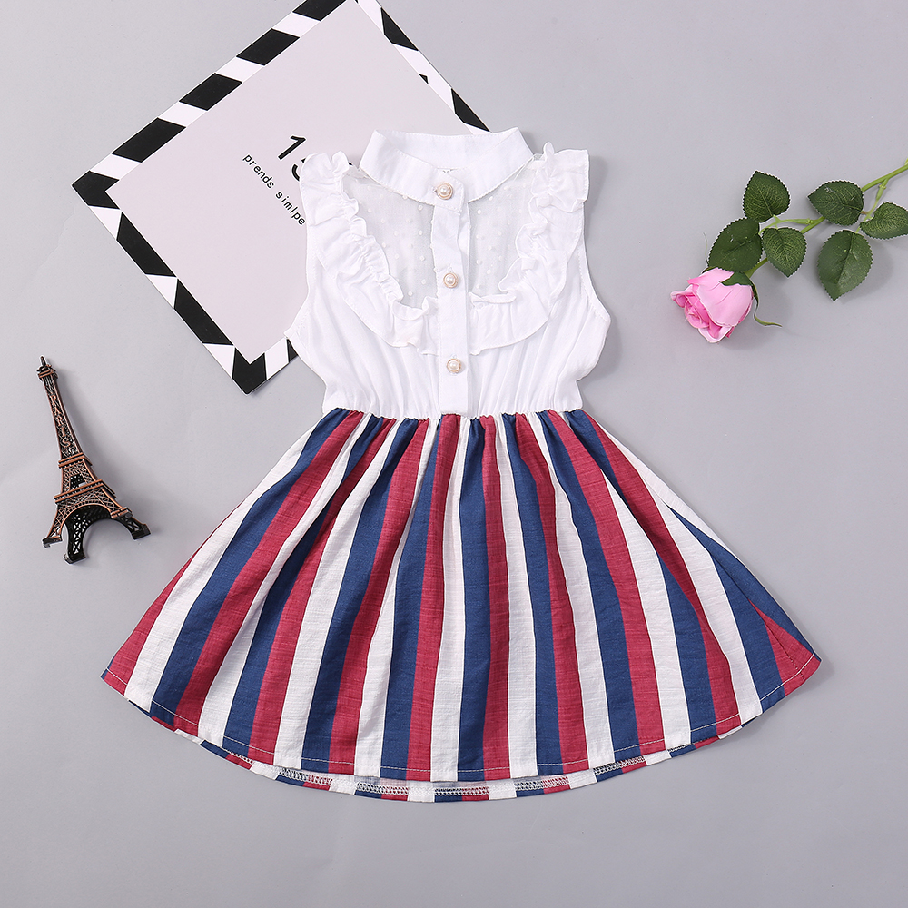 

Elegant Shirt Splice Striped Hollow Out Flounced Sleeveless Dress