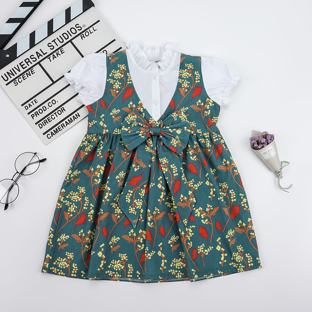

Toddler Girl Faux-two Bow Decor Plant Print Short-sleeve Dress