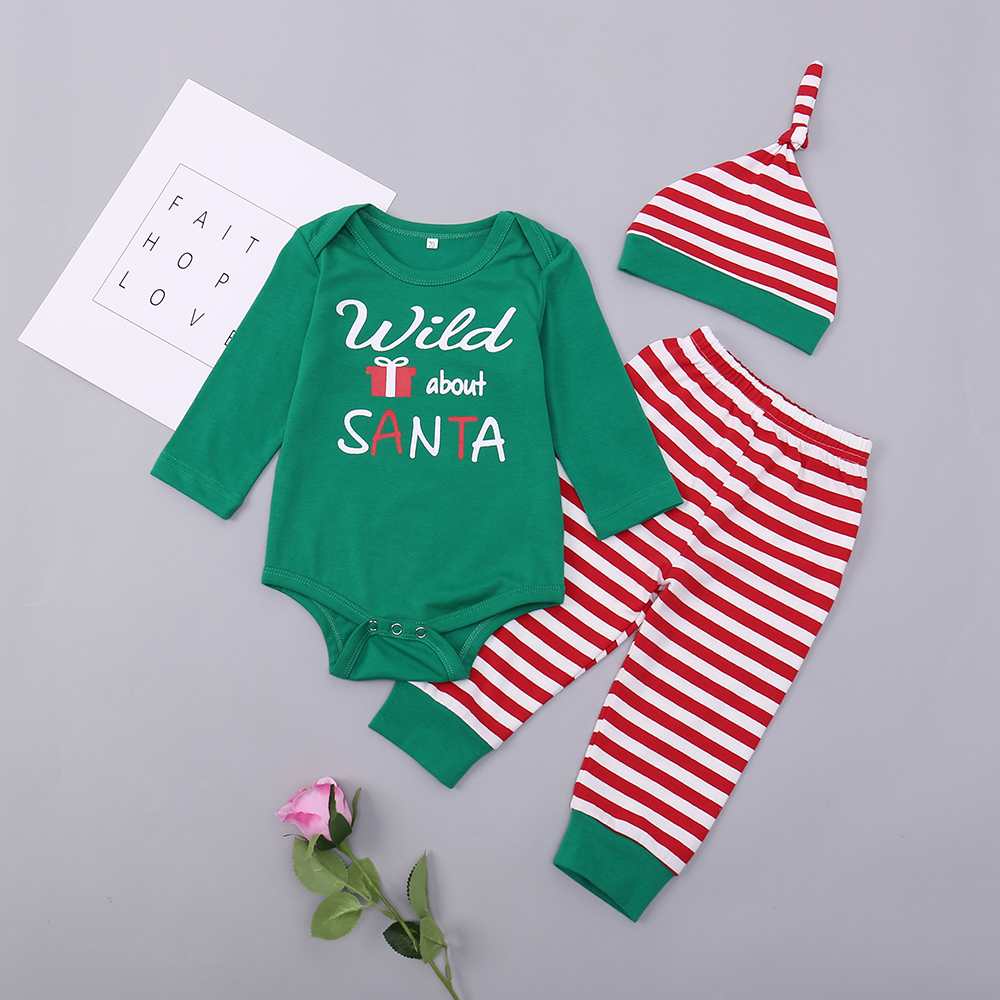 

3-piece Baby / Toddler Christmas Letter Print Bodysuit and Striped Pants with Hat Set