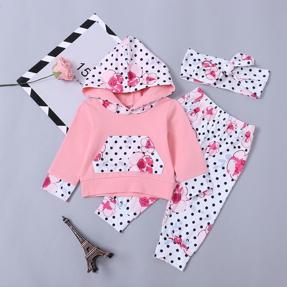 

3-piece Baby / Toddler Floral Polka Dots Print Long-sleeve Hoodie and Pants with Headband Set