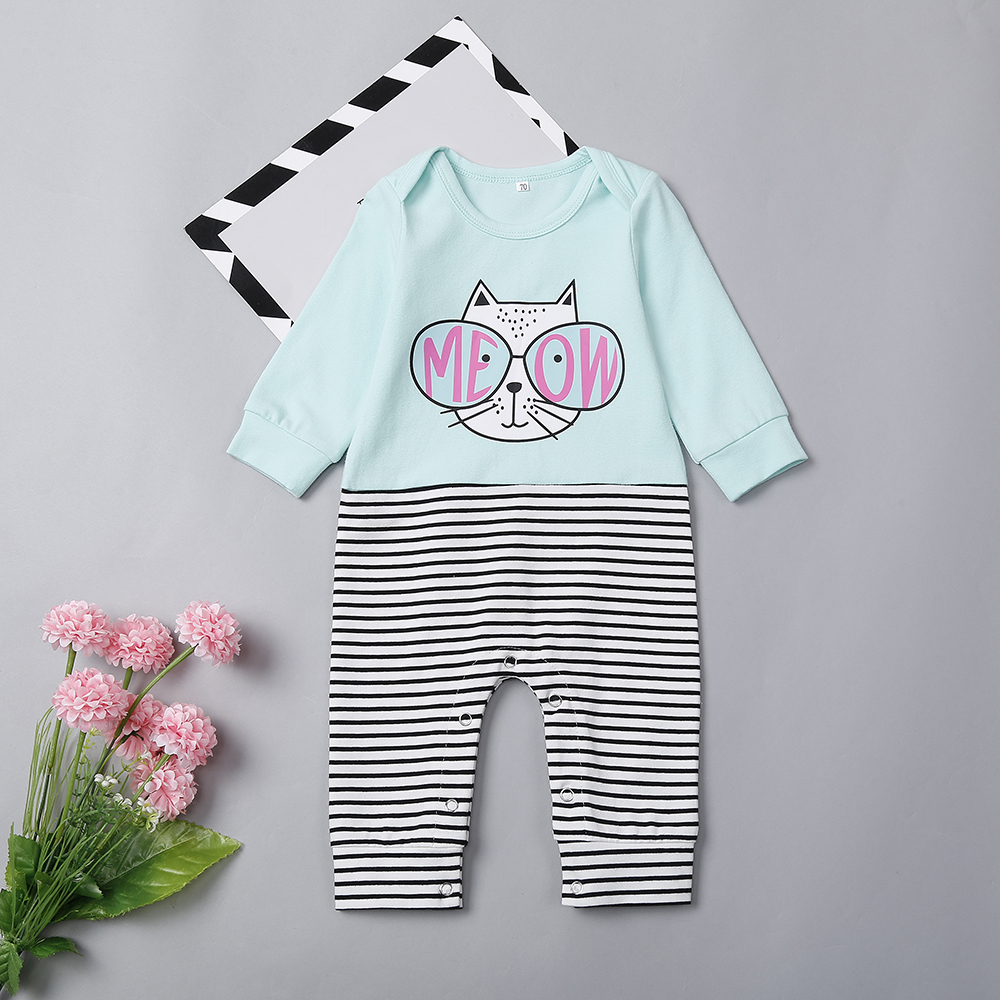 

Baby Girl Cute Cat Print Stripe Style Long-sleeve Jumpsuit