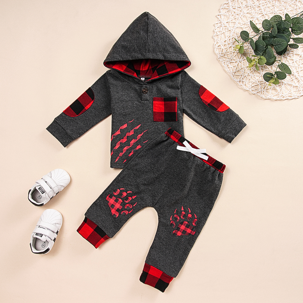 

Baby Boy Plaid Paw Decor Hoodie and Pants Set