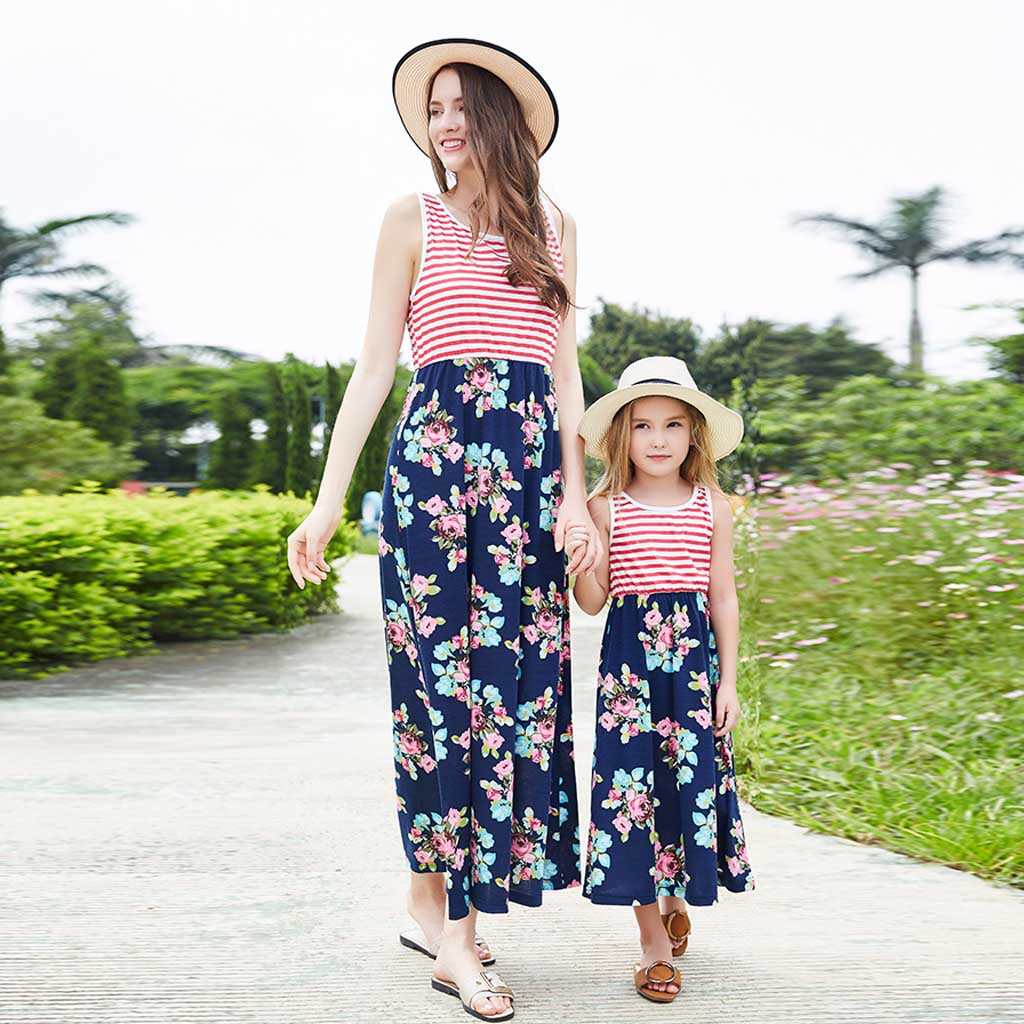 

Summer New Floral Stripe Tank Dresses for Mommy and Me
