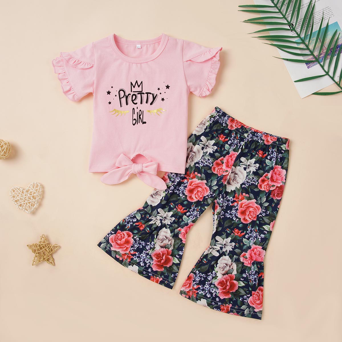

2-piece Baby / Toddler Girl Letter Print Top and Floral Pants Set