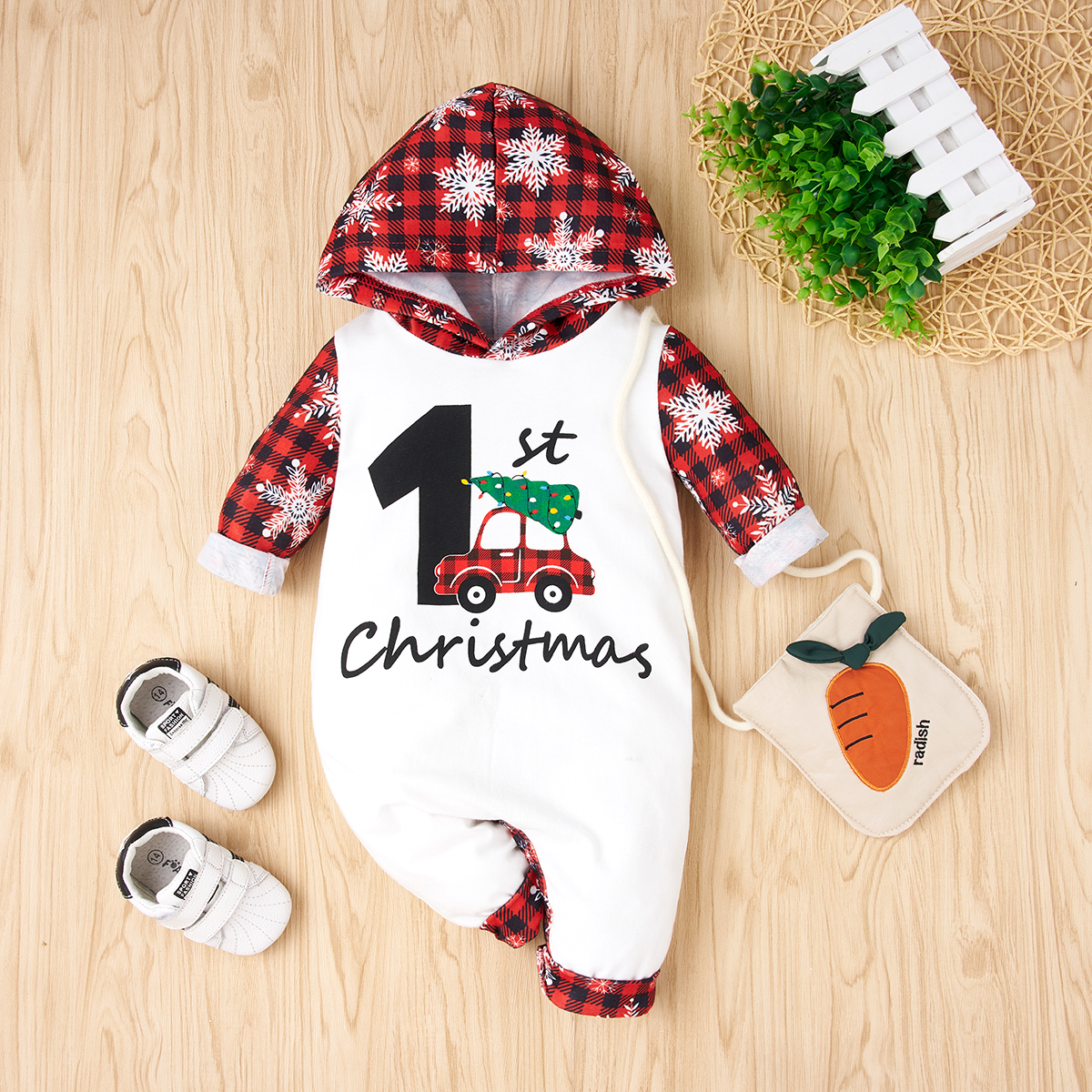 

Baby Christmas Plaid Snowflake Hooded Jumpsuit
