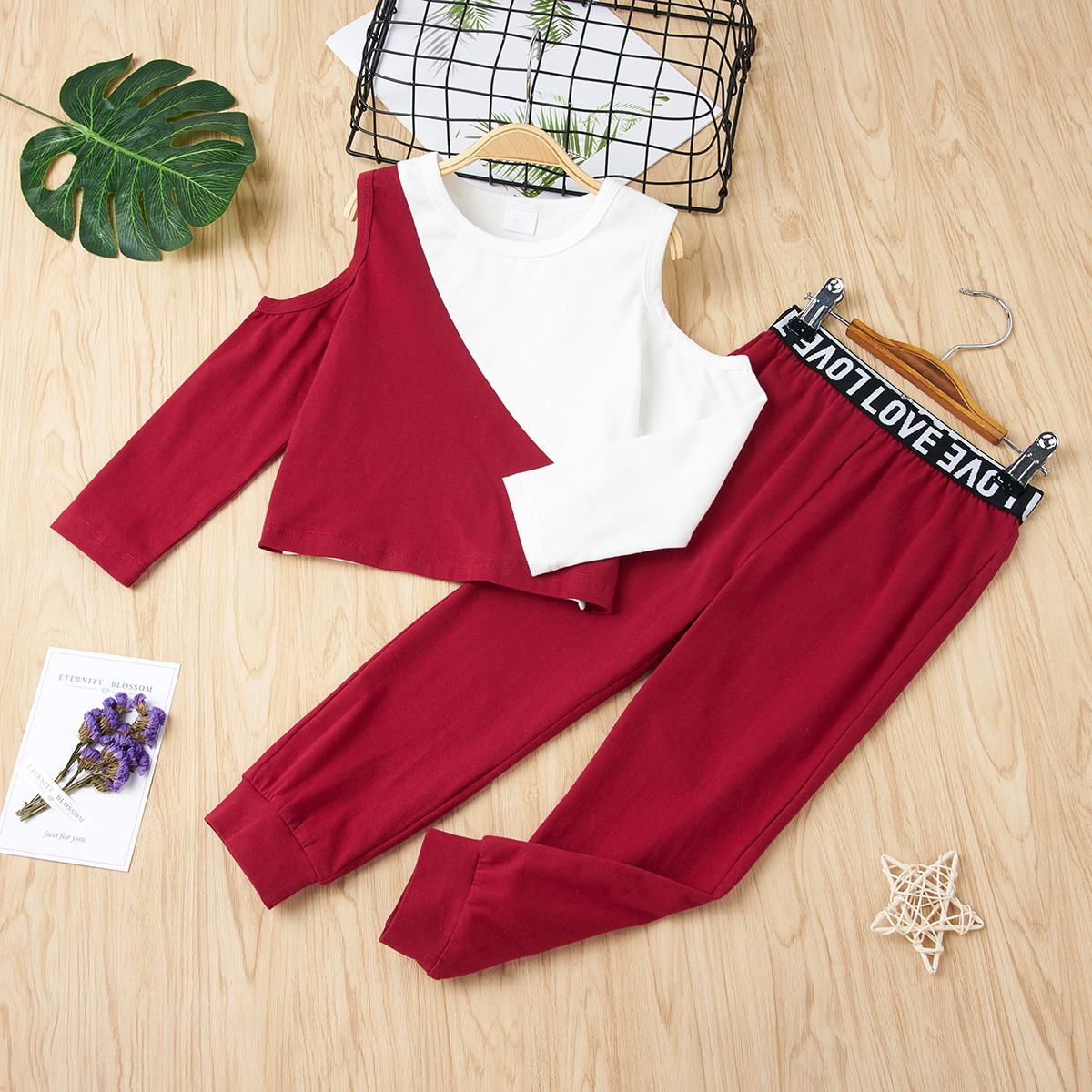 

2-piece Baby / Toddler Colorblock Off Shoulder Top and Pants Set