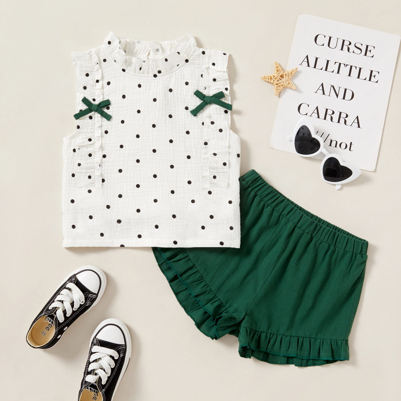 

2pcs Kid Girl Polka dots Vest Shorts Suit casual Suits