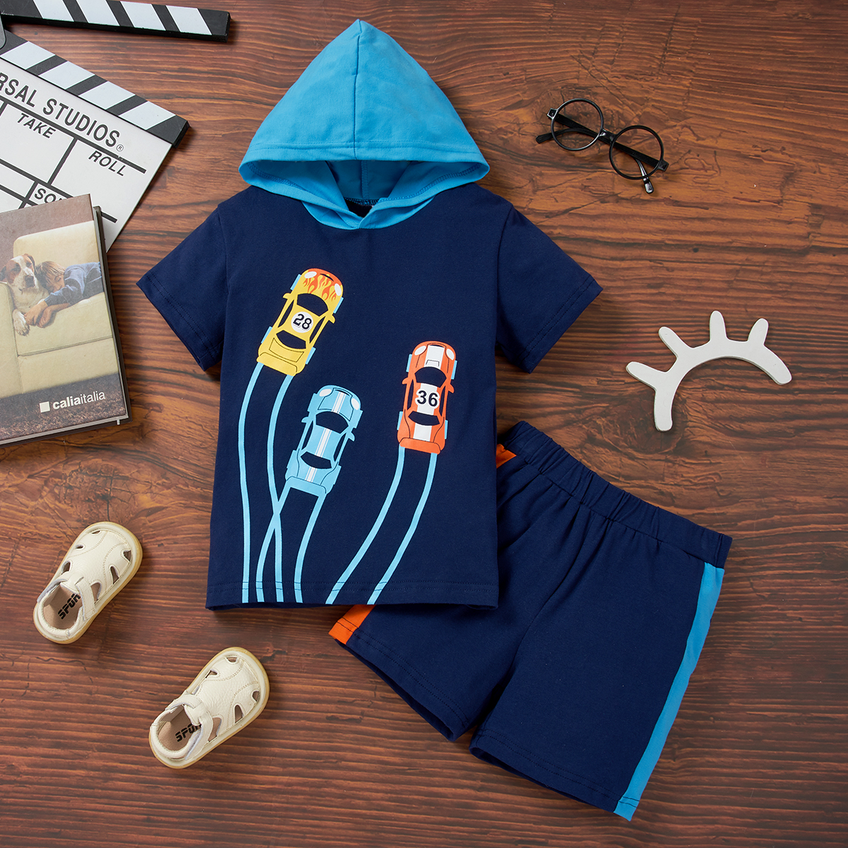 

2pcs Kid Boy Hooded Vehicle Shorts Suits