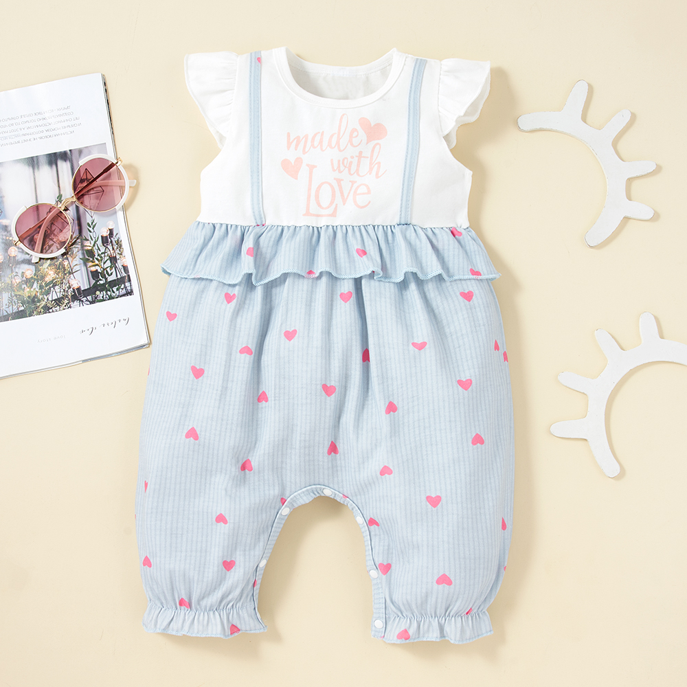 

Baby Flutter-sleeve Sweet Heart-shaped&Letter Jumpsuit