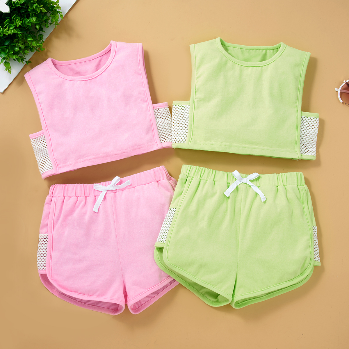 

Fashionable Kid Girl Sleeveless Solid Hollow out Sports Shorts Suits
