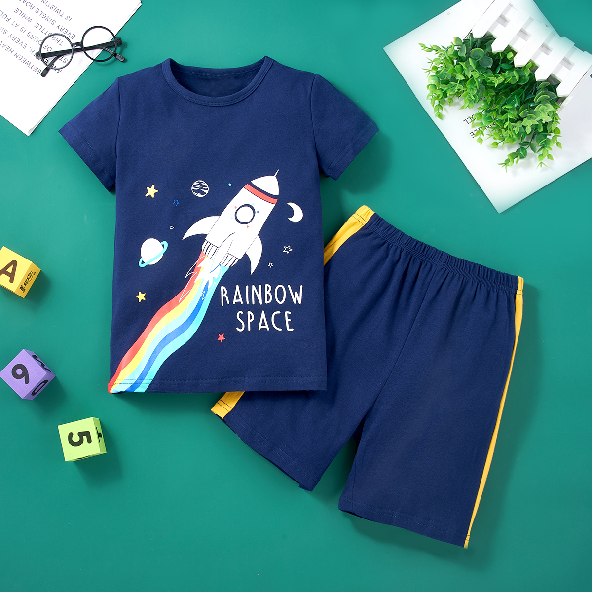 

Kids Boy Spaceship Rainbow Print Tee and Shorts Set
