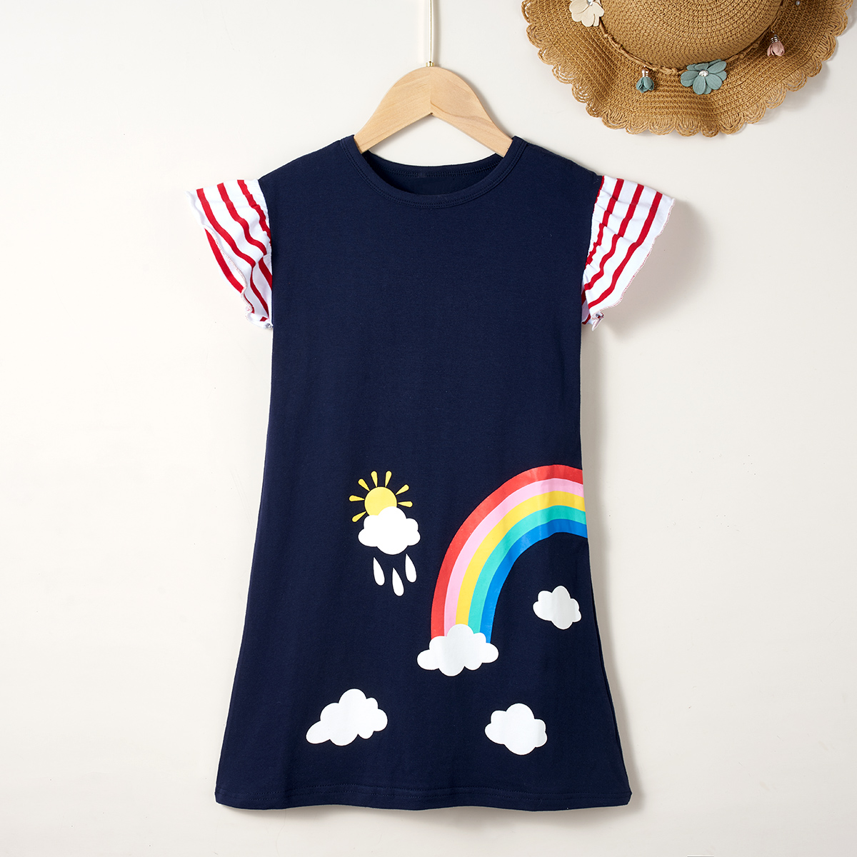 

Kids Girl Rainbow Print Striped Dress