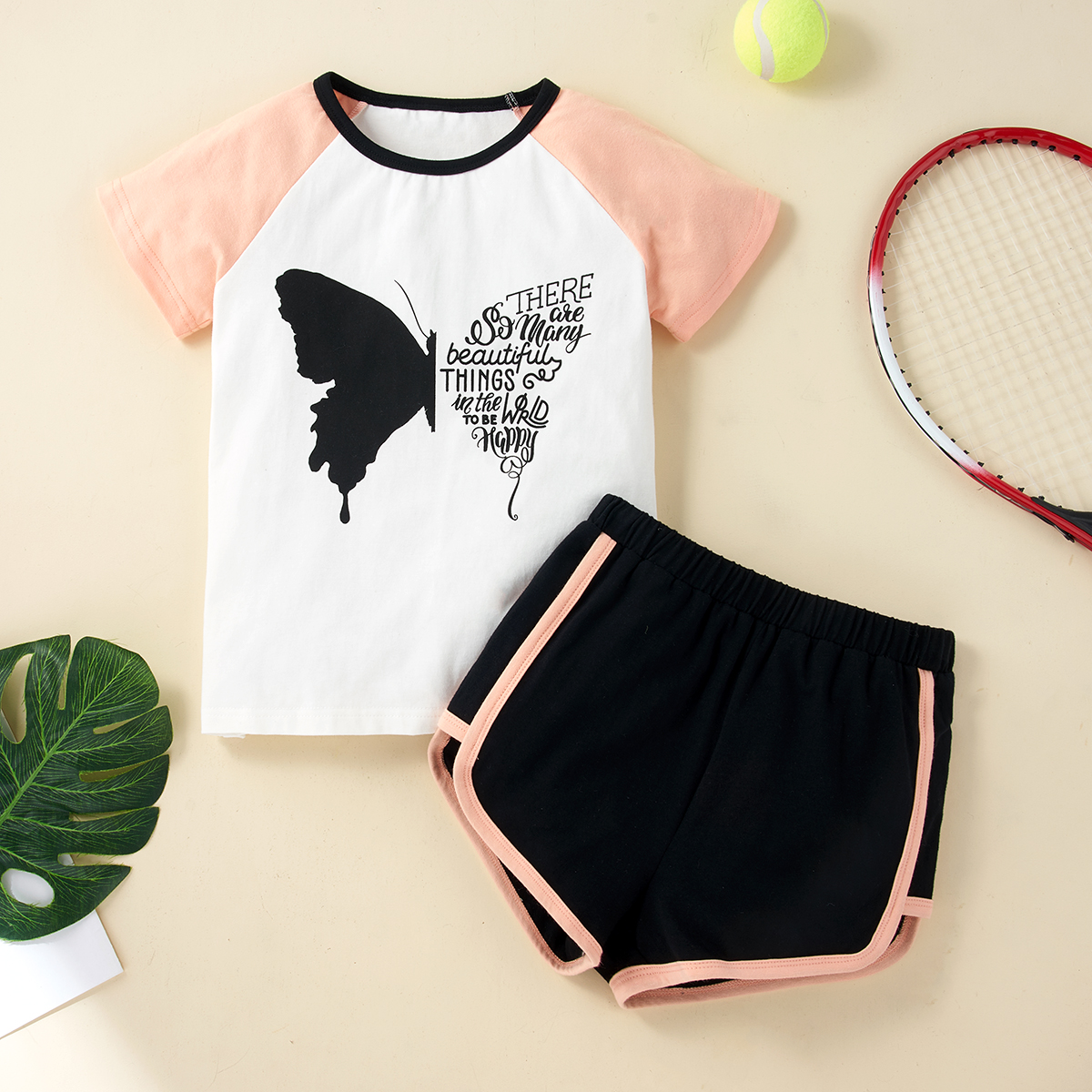 

Pretty Kid Girl 2-piece Short-sleeve Butterfly Letter Print Shorts Suits