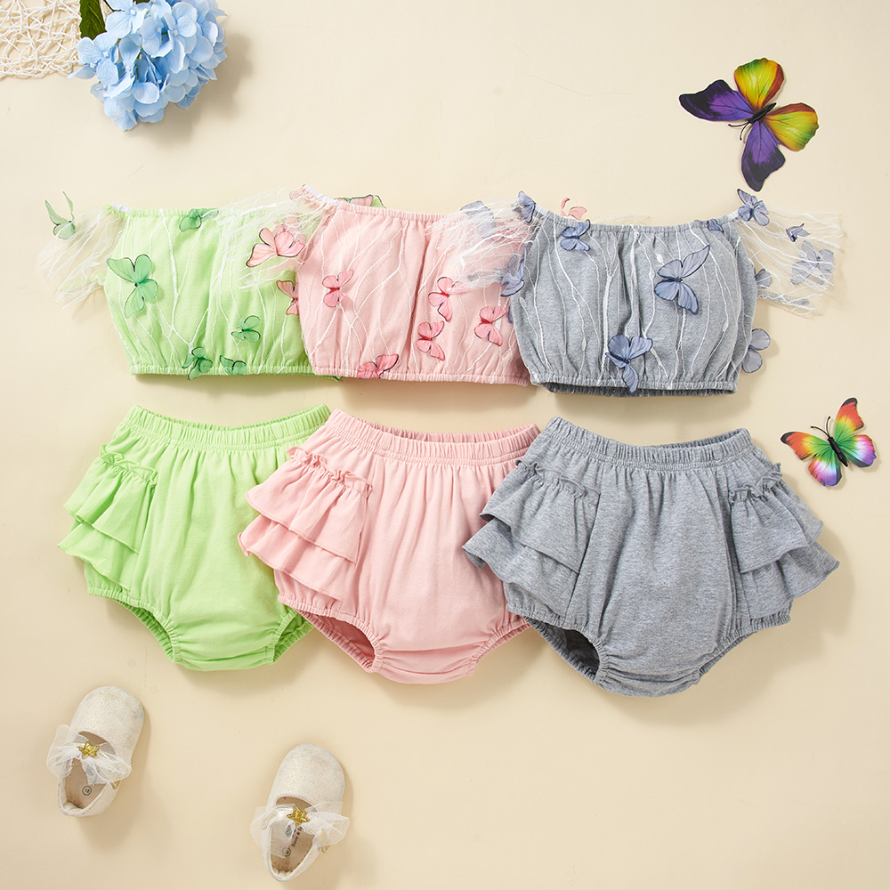 

2pcs Solid Butterfly Applique Short-sleeve Baby Set