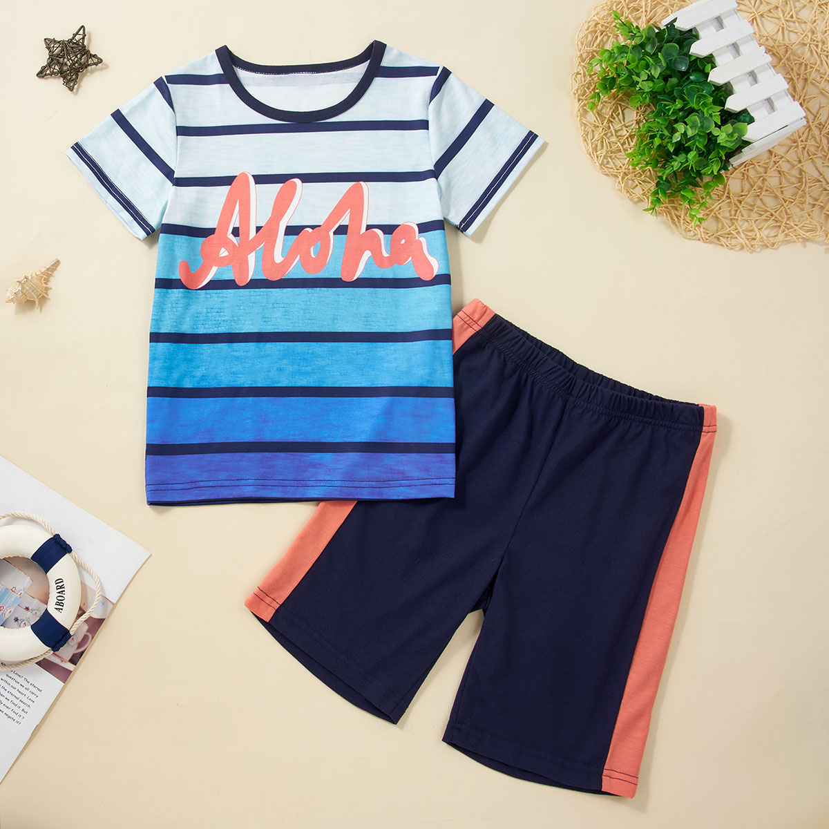 

Kid Boy Letter Color block Top and Shorts Set