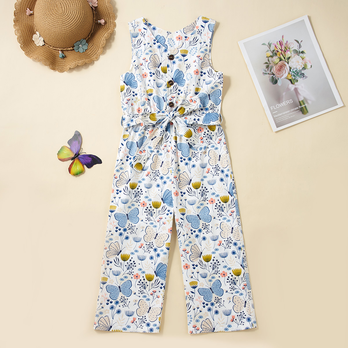 

Kid Girl 100% Cotton Floral Butterfly Print Sleeveless Jumpsuit with Belt