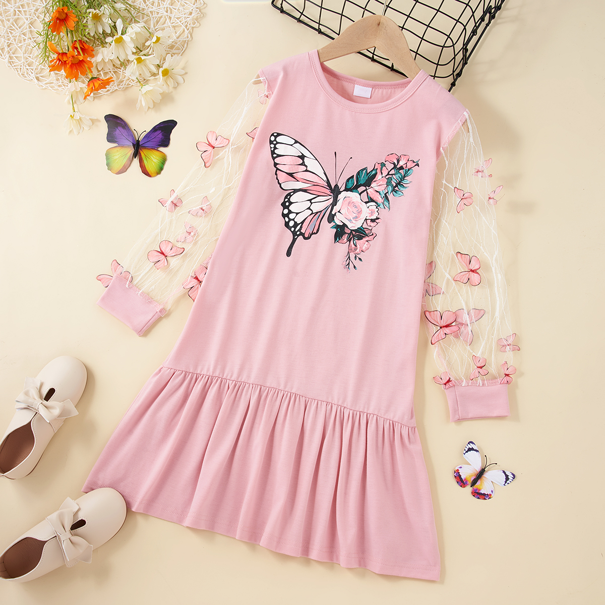 

Kid Girl Butterfly Print 3D Butterfly Mesh Long-sleeve Stitching Pleated Dress