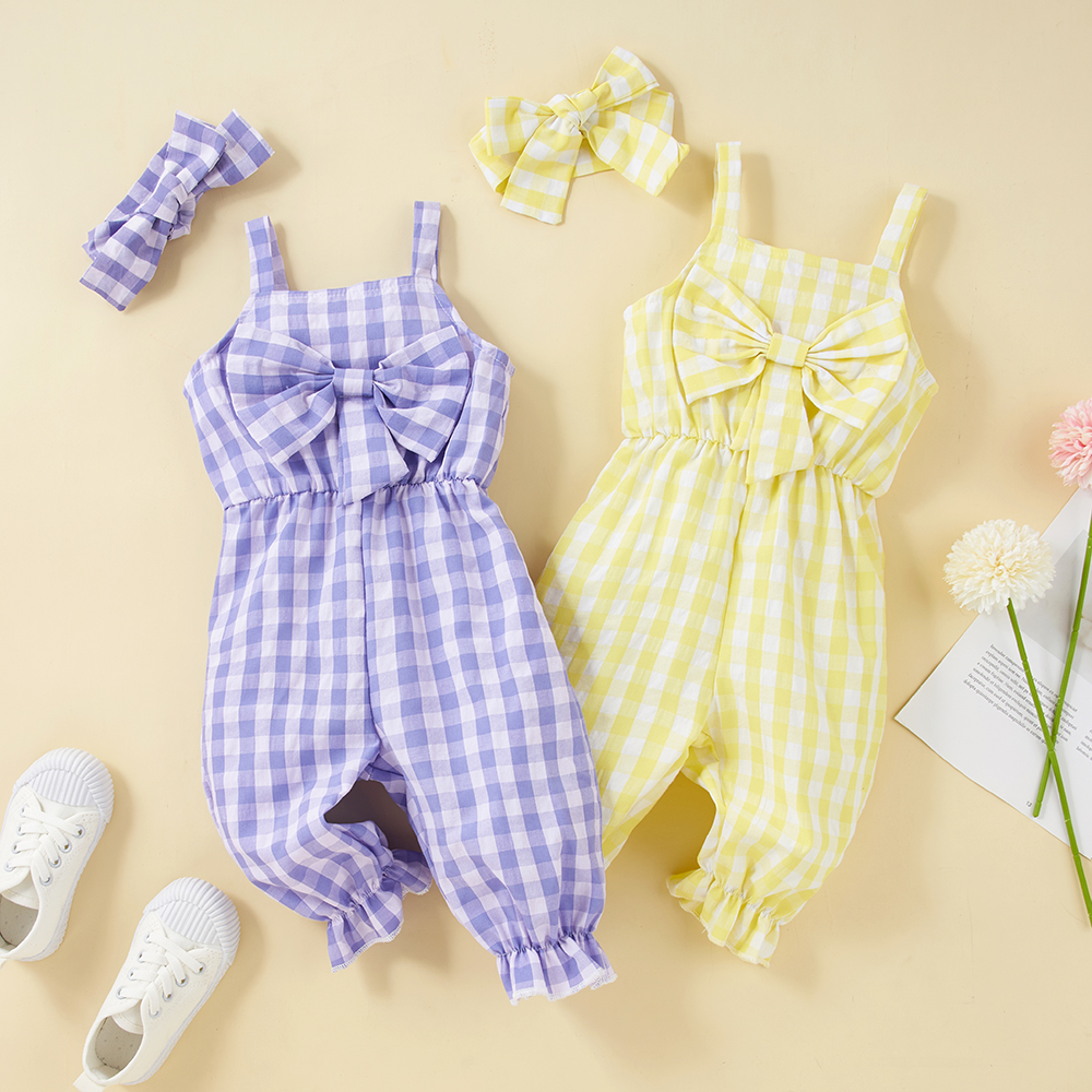 

2pcs Plaid Print Bow Decor Sleeveless Baby Set