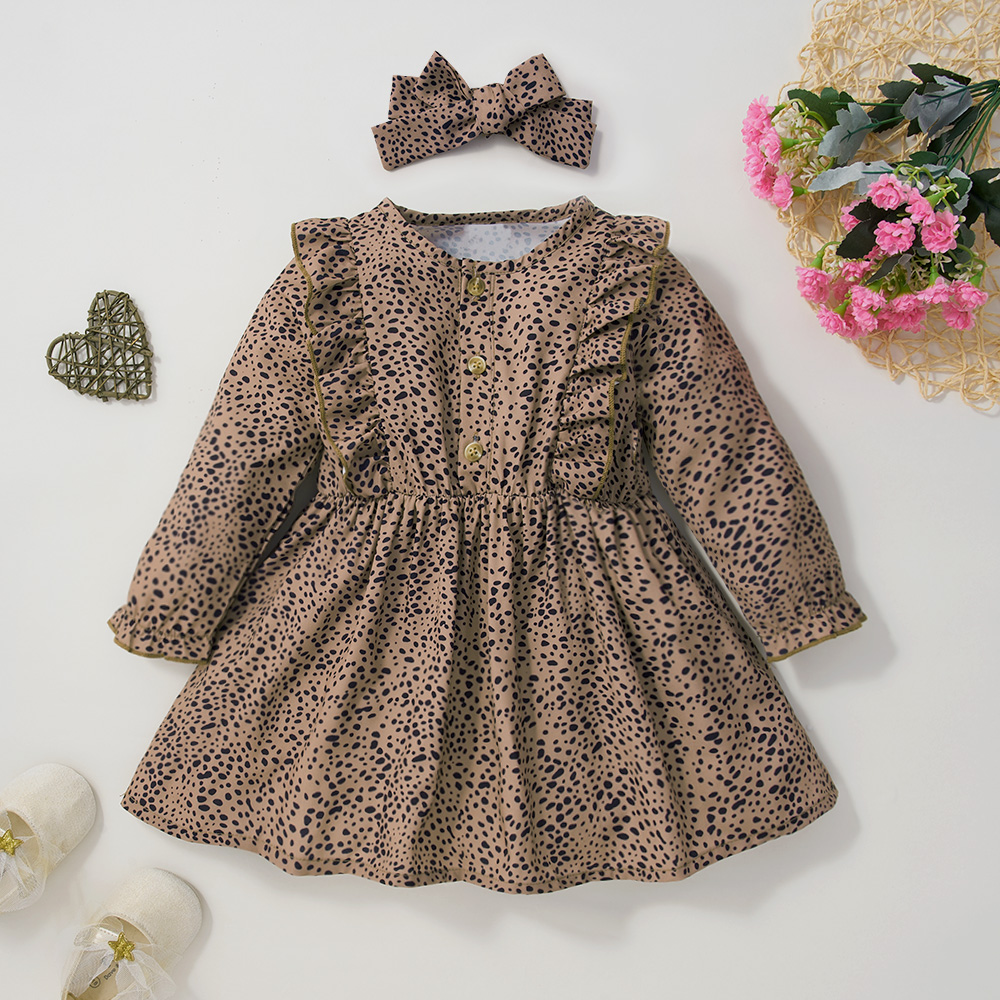

2pcs Leopard Print Ruffle Decor Long-sleeve Brown Baby Set