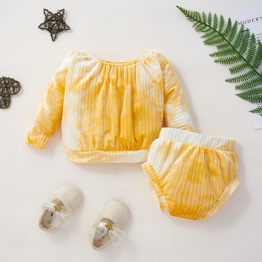 

2pcs Tie Dyed Long-sleeve Velvet Yellow Baby Set