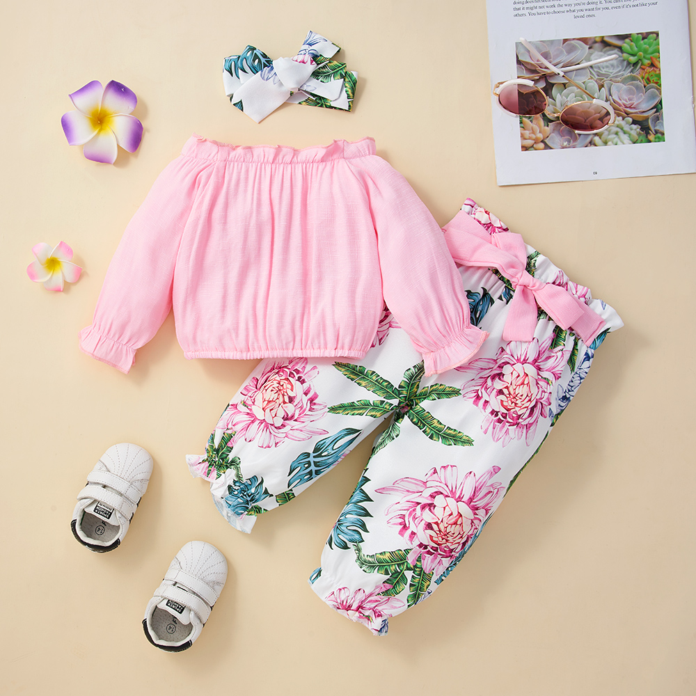 

3pcs Floral Print Off Shoulder Long-sleeve Pink Baby Set