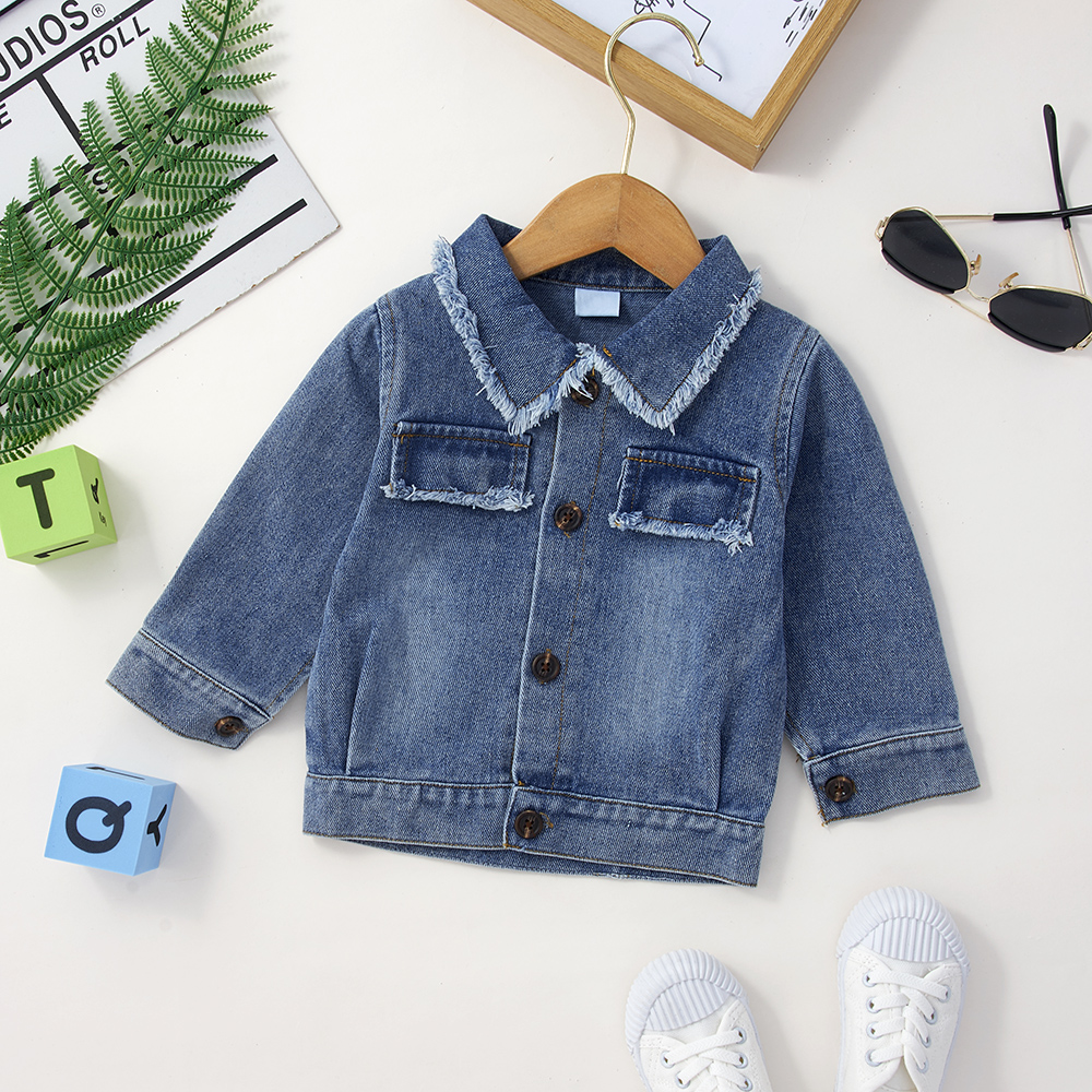 

Denim Giraffe Print Lapel Collar Chest Pocket Long-sleeve Baby Coat Jacket