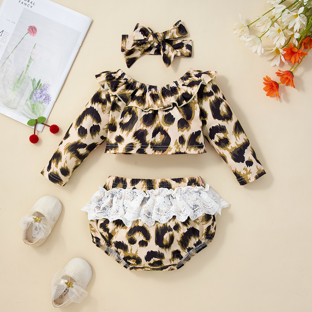 

Baby Girl 3pcs Leopard Print Ruffle Long-sleeve Top and Lace Splice Shorts Set