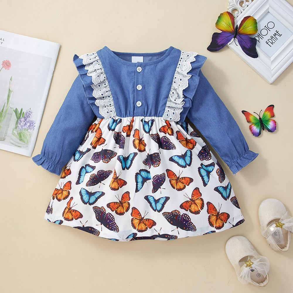 

Butterfly Print Faux-two Long Sleeve Baby Girl Splicing Dress