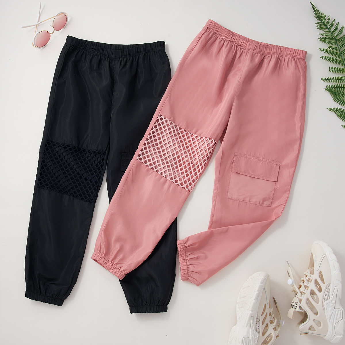 

Kid Girl Mesh Hollow out Solid Casual Cargo Pants