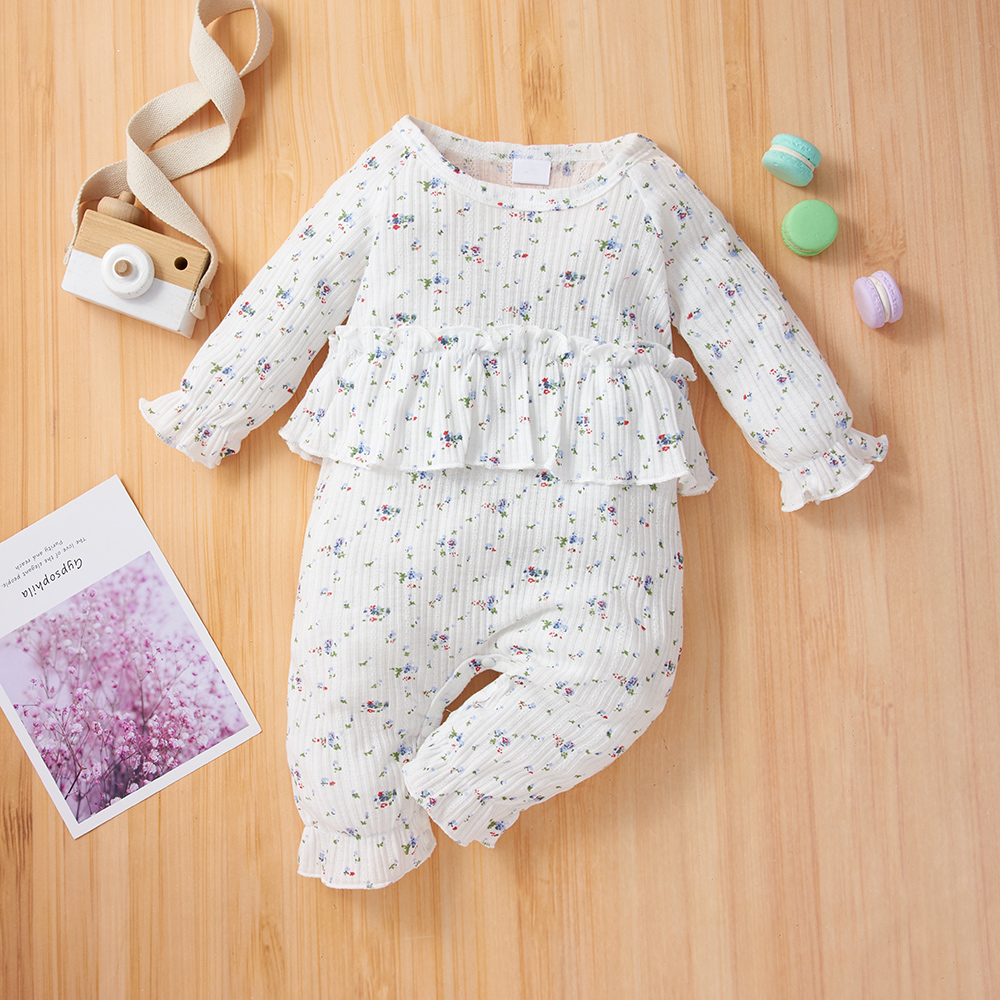 

Floral Print Ribbed Long-sleeve Ruffle Baby Faux-two Jumpsuit