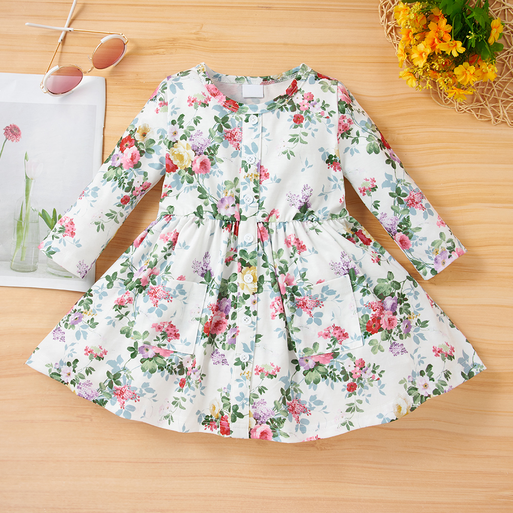 

Baby Girl Floral Print Button Down Long-sleeve Dress with Pockets