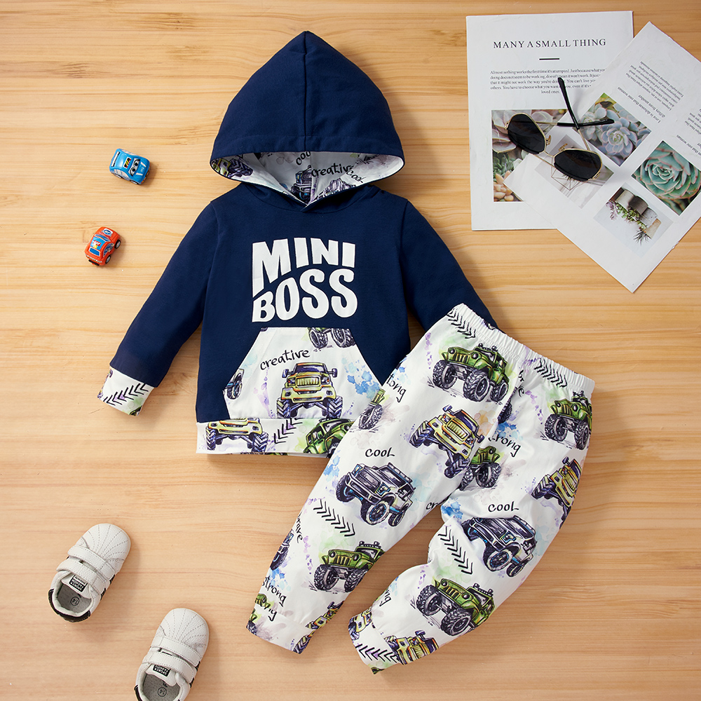

Baby Boy Long-sleeve Letter Hoodie and Cartoon Car Print Trouser Set