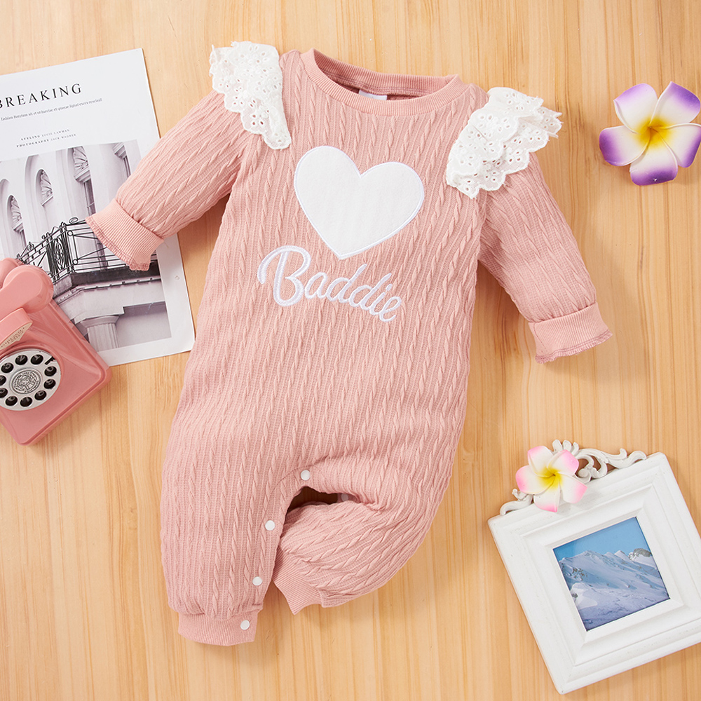 

Letter and Love Heart Embroidered Ruffle Splicing Pink Long-sleeve Baby Jumpsuit