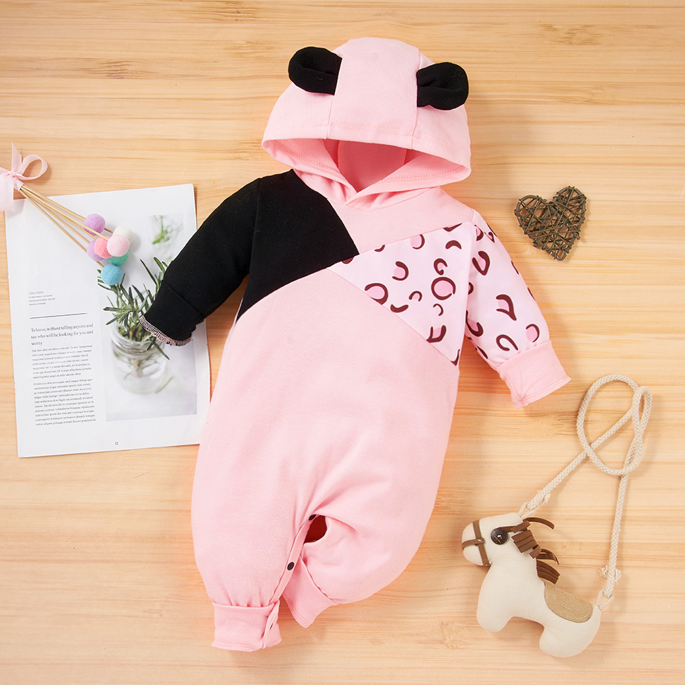 

3D Ear Leopard Print Splicing Pink Long-sleeve Baby Jumpsuit