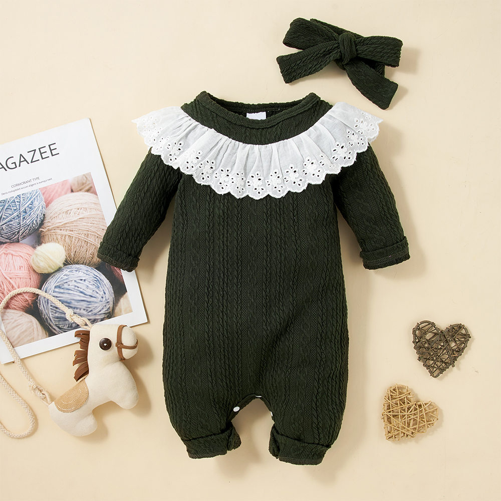 

2pcs Baby Girl Lace Ruffle Collar Dark Green Long-sleeve Jumpsuit Set